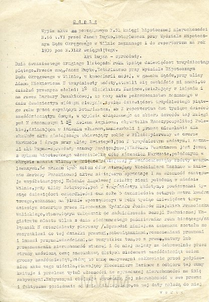 KKE 5791.jpg - Dok. Odpis aktu z księgi hipotecznej przedstawiony przed Janowi Buyko notariuszem Wydziału Hipotecznego Sądu Okręgowego w Wilnie za rok 1935 r. dla Heleny Awgul, Wilno, 30 XI 1935 r. Odpis notarialny sporządzony w latach 40-te XX wieku.